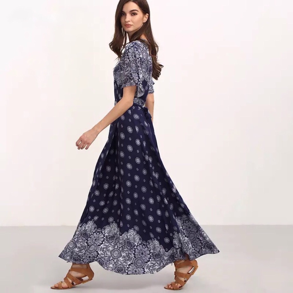 💥 Boho Floral Short Split Sleeve Wrap Maxi Dress - Picture 2 of 5